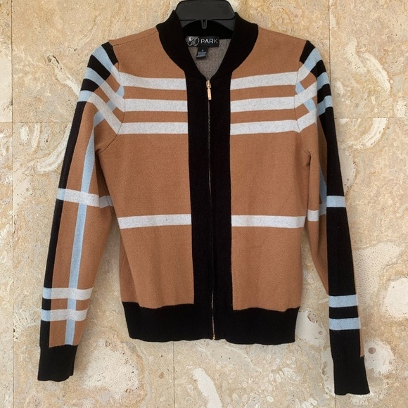 Sweaters - Striped Tan and Black Zip-Up Women’s Sweater